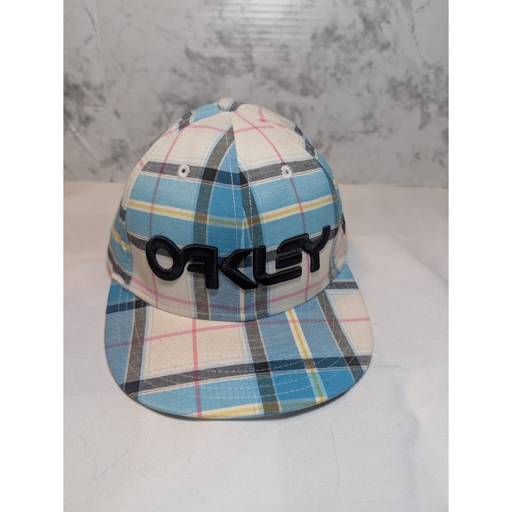 Oakley Hat Cap Fitted Mens 7 1/8 New Era 59Fifty Blue Black Pink White Plaid